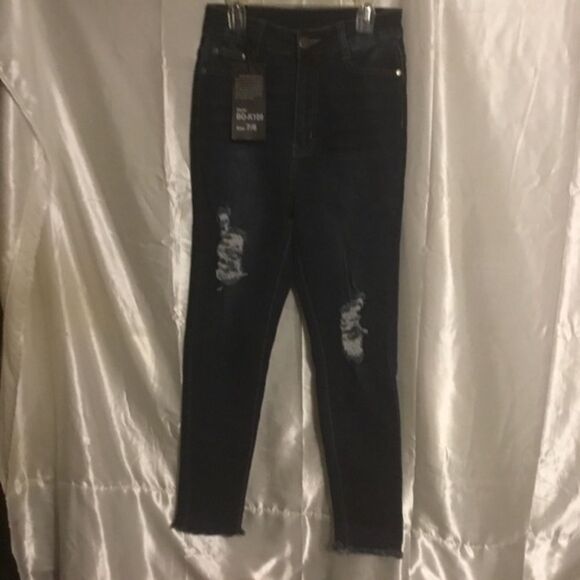 Denim - Bob jeans High Waisted Dark Wash Destroyed Distressed Skinny Jeans 7/8